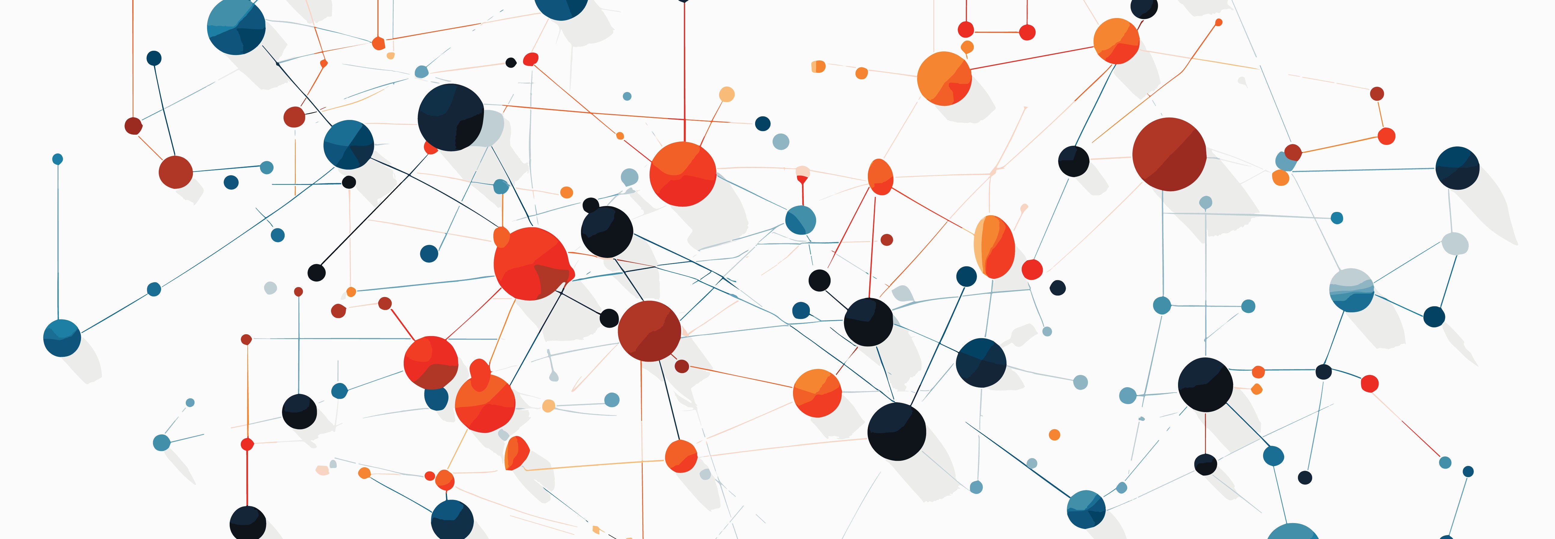 A drawing of various colored circles of all sizes and hues connected by lines of other colors over a white background. 